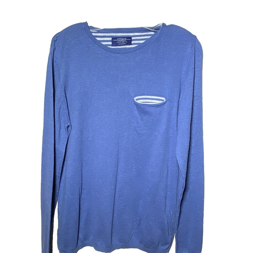 Pull & Bear Blue Mens Size Small Long Sleeve 100% Cotton Sweater Stripe Contrast